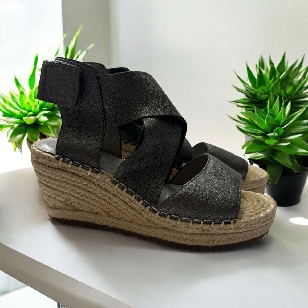 Eileen Fisher Wedge Sandals Pewter 5.5 Women Espadrille Platform Metallic Lthr